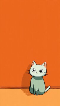 Cartoon Kitten Sits Anxiously on Orange Background

