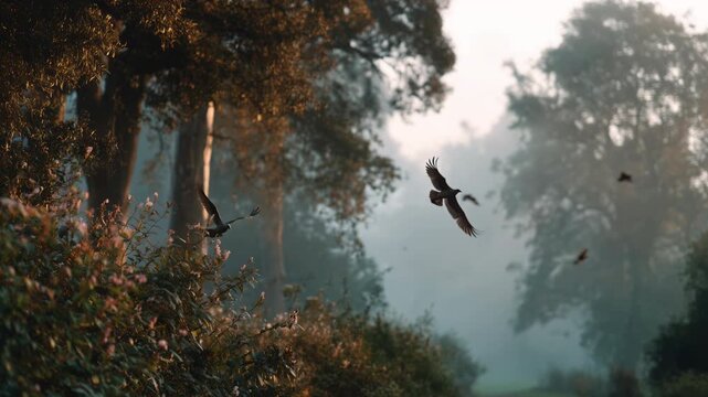Atmospheric scene showing a flock of black crows flying through a mysterious, foggy forest during a hazy sunrise, creating a mystical and enchanted mood with beautiful sunlit foliage