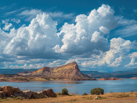 Cerro Pedernal Vista from Abiquiu Reservoir: Enchanting Landscapes with Blue Skies, Serene Lake, and Majestic Rock Formations