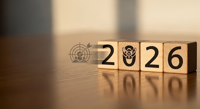 Strategic Vision for 2026: Target Icon Aiming at Wooden Blocks, Symbolizing Future Goals, Business Planning, and Achievement