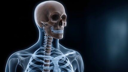 A 3D illust n of the human skeleton highlighting the skull spine and rib cage against a dark glowing background