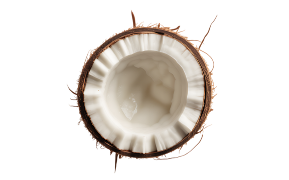 Close up view of a fresh halved coconut with white flesh and brown husk isolated on a black background