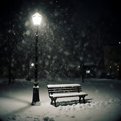 Serene Winter Night in a Snowy Park with an Empty Bench and Glowing Streetlamp, Peaceful and Magical Atmosphere

