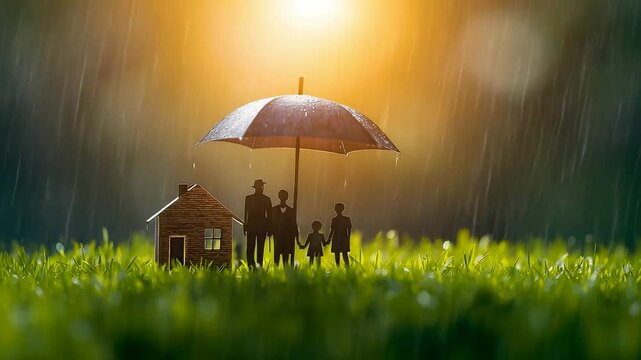Family of Four Standing Under Large Umbrella Protecting Miniature House from Heavy Rain at Sunset