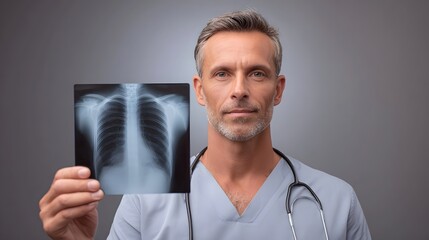 A mature male medical professional confidently holds up a chest X ray symbolizing diagnosis health assessment and expert medical care