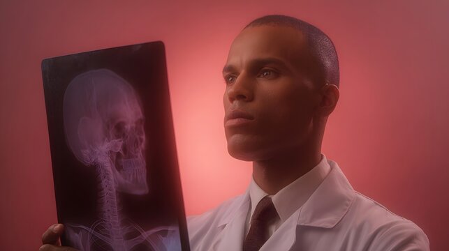 A focused doctor wearing a lab coat meticulously examines an X ray image of a human skull and spine set against a soft crimson glow - Powered by Adobe