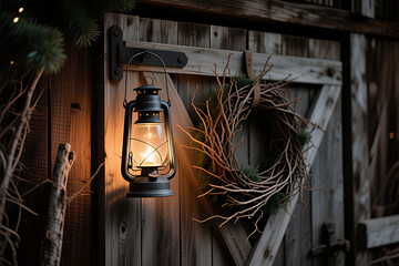 Cozy Rustic Winter Scene with a Glowing Lantern and Twig Wreath on a Wooden Door, Warm Holiday Ambiance

