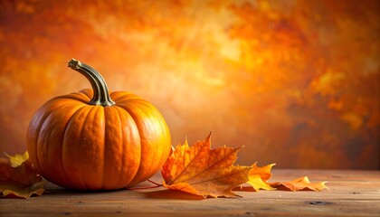 Vibrant orange pumpkin with fallen leaves on a wooden table against a warm, blurred backdrop