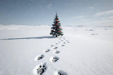 Adorable Polar Bear Approaching a Decorated Christmas Tree in a Vast Snowy Arctic Landscape, Festive Winter Magic

