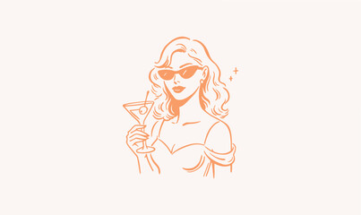 Vintage Retro Woman, Martini Illustration, Cocktail Lady Vector, Retro Woman Logo, Pin-Up Style Art, Woman Holding Drink, Martini Glass Drawing, Bar Lounge Artwork, Vintage T-Shirt Design, Retro