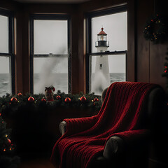 Cozy Christmas Room with a Red Blanket and Tree, Overlooking a Stormy Sea and a Lighthouse, Warmth Against the Wild

