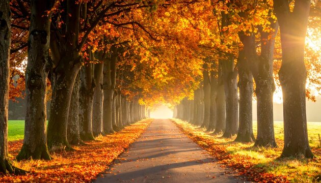 A tree-lined road glows with golden sunlight and vibrant fall foliage