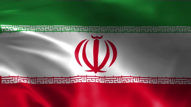 waving flag of iran with the emblem of the islamic republic in the center and silky texture