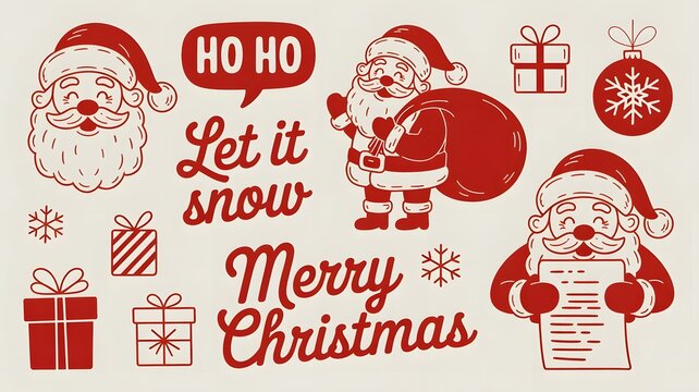 Vintage Red Christmas Sticker Set with Santa Claus and Holiday Greetings