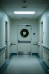 Empty Hospital Corridor with a Christmas Wreath on a Door, Poignant Contrast of Holiday Cheer and Clinical Solitude

