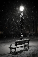 Serene Winter Night in a Snowy Park with an Empty Bench and Glowing Streetlamp, Peaceful and Magical Atmosphere

