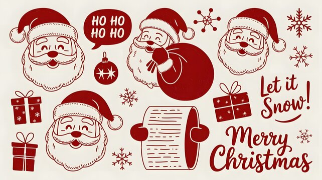 Vintage Red Christmas Sticker Set with Santa Claus and Holiday Greetings