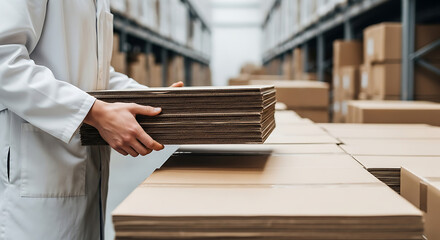 Worker in a warehouse stacking boxes Logistics, storage, and supply chain management concepts