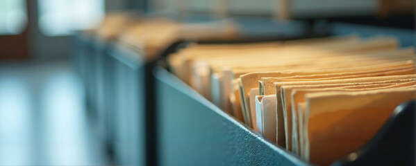 Panoramic Close-up of organized cardboard file folders in metal drawer for office or archive storage