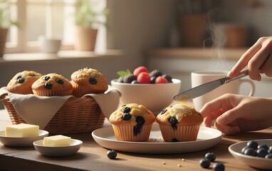 A hand is spreading warm butter onto a freshly baked blueberry muffin on a sunny kitchen table. A basket of muffins, berries, and a coffee cup complete this inviting homemade breakfast scene.