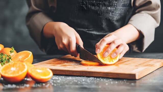 A chef wearing a dark apron and uniform is slicing a fresh vibrant orange on a wooden cutting board with a large knife. This close-up shot captures the preparation process for marmalade.
