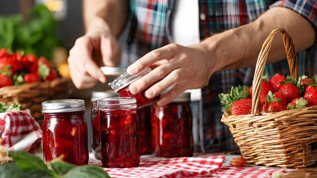 A man in a plaid shirt is sealing freshly made, deep-red strawberry jam into glass jars. The rustic scene features a basket overflowing with fresh strawberries on a checked tablecloth. - Powered by Adobe