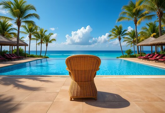 Serene tropical resort poolside view with wicker chair and ocean horizon under blue sky