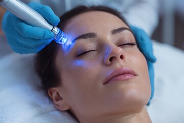 Fototapeta premium Expert Cosmetologist Performing Hydrafacial for Young Visitor in a Relaxing Beauty Parlour Setting