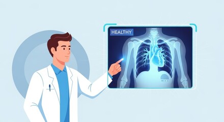 Male doctor analyzing a futuristic holographic X-ray of a healthy human heart for medical diagnosis and cardiovascular care
