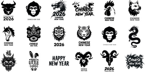 Obraz premium Collection of zodiac animal illustrations and chinese new year greetings in black and white grunge style