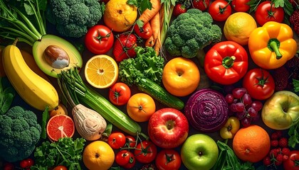 Vivid assortment of colorful, fresh vegetables and fruits arranged close together on a dark surface