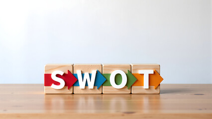 Colorful arrows and letters forming SWOT analysis on wooden blocks with clean copy space.