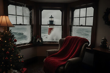 Cozy Christmas Room with a Red Blanket and Tree, Overlooking a Stormy Sea and a Lighthouse, Warmth Against the Wild
