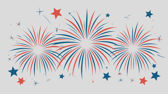 Dynamic red and blue fireworks explode across a light gray backdrop, celebrating freedom and festivity with scattered stars