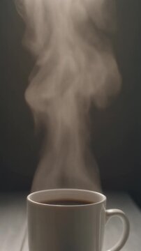 Steaming Coffee Mug: Warm Beverage Steam Rising　湯気がすごい勢いで立ち上るコーヒー、暖かい飲み物の蒸気　縦型　動画