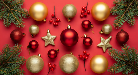 Festive Holiday Decorations A Vibrant Display of Ornaments and Evergreens on a Red Background