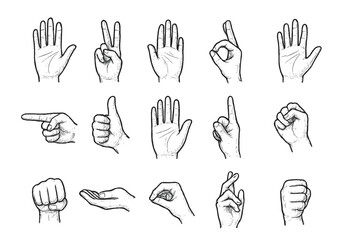 Fototapeta premium Hand gestures collection, flat vector illustration in simple monochrome style