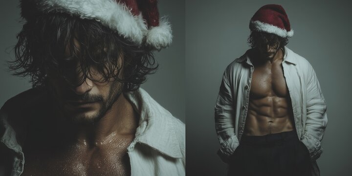 A captivating portrait of a man with dark, wet, disheveled hair, an open white shirt revealing a muscular chest, and dark trousers. He wears a classic red Santa hat with a white pom-pom and fur trim, 