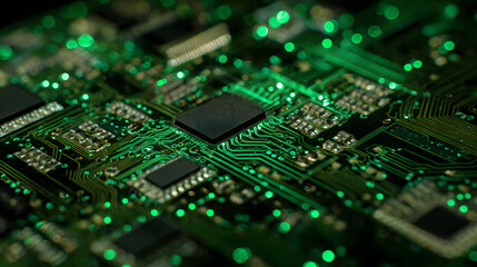 Obraz premium Green Neon Circuit Board Macro With Glowing Paths