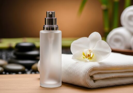 Serene spa setting with orchid and skincare bottle on towel