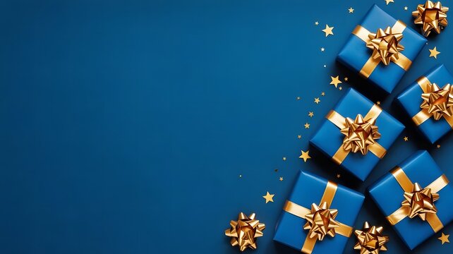 Elegant Christmas Holiday Flat Lay with Blue and Gold Gifts and Decorations