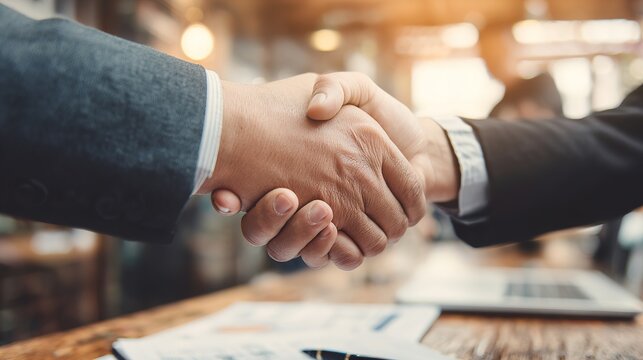 Business Partners Shaking Hands After Signing Insurance Agreement in Modern Office Environment Captured from Close-Up Viewpoint for Trust and Collaboration Concept