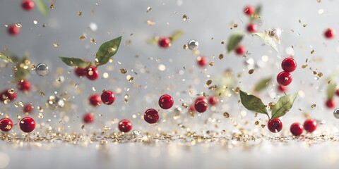 A dynamic composition featuring an abundance of falling metallic gold and silver confetti, mixed with vibrant red holly berries and delicate green pine needles.