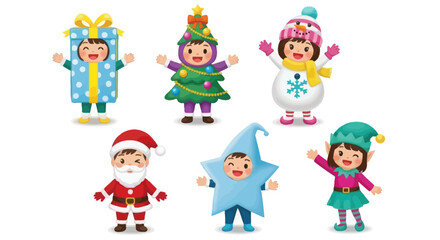 Delightful children in charming Christmas and winter holiday costumes embody the festive spirit, bringing joy and cheerful play to seasonal celebrations