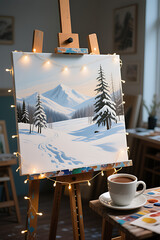 Cozy Artist Studio with a Winter Landscape Painting on an Easel, Fairy Lights, and a Cup of Hot Chocolate


