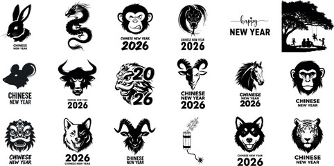 Naklejka premium Collection of chinese zodiac animals and symbols for the new year celebration in a black and white artistic style