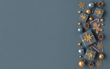 Elegant Christmas Holiday Flat Lay with Blue and Gold Gifts and Decorations