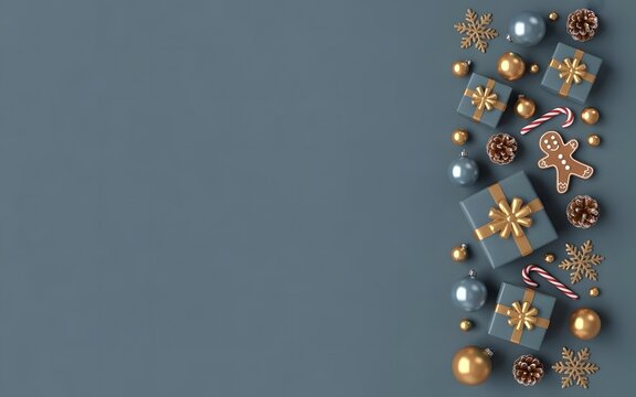 Elegant Christmas Holiday Flat Lay with Blue and Gold Gifts and Decorations