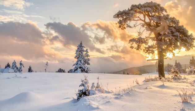 Snow-covered landscape with frosted trees under a cloudy sky at golden hour