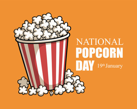 Popcorn isolated on a yellow background. Cinema icon in flat style. Snack. Big red and white strip box. as the national popcorn day banner.
